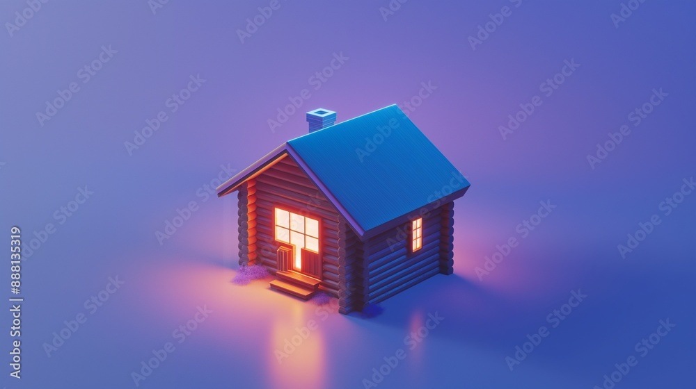 Tiny wooden house in soft blue light, aerially viewed against a lavender backdrop. Tiny wooden house in soft blue light, aerially viewed against a lavender backdrop.