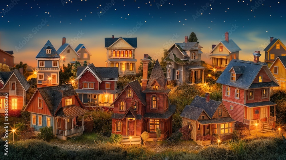 Mini houses in a field twinkle under evening stars, with architecture from rustic to modern in warm tones. Mini houses in a field twinkle under evening stars, with architecture from rustic to modern in warm tones.