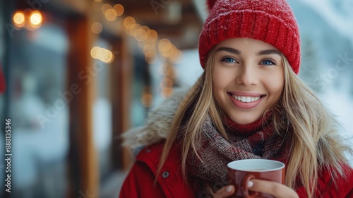 Woman in a red hat and scarf, smiling while holding a hot drink outside in a snowy scene. photo