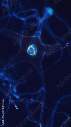 3D Vertical hud animation Digital depiction of neurons firing electrical impulses. Brain nerve cell activity, neurogenesis, neurotransmitters, synapse function. Nervous system research