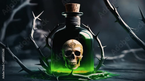 Thorny Shadows Surround Potion Bottles with Skulls in a Dark Setting photo