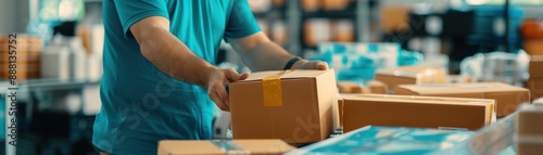 Person handling packages in a logistics warehouse, demonstrating efficient shipping and inventory management in a busy industrial setting. photo