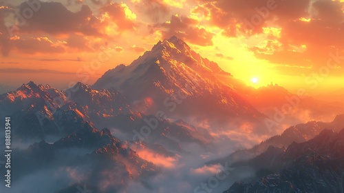 Hyper-realistic capture of a misty mountain range at sunrise, golden light, crisp detail, style by idea24club