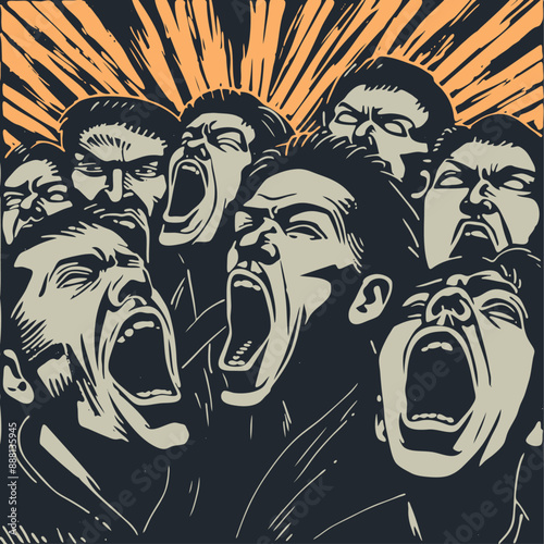 Protesting crowd. People protest and shout slogans, vector illustration