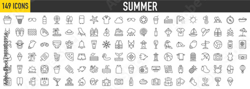 149 Summer icon set. Ice Bucket, Cone, Outdoor, Waters Bottle, Slush Drink, Refrigerator, Sun Glasses, Starfish, Coconut, Water Waves, Shower Head and Beach Umbrella collection. photo