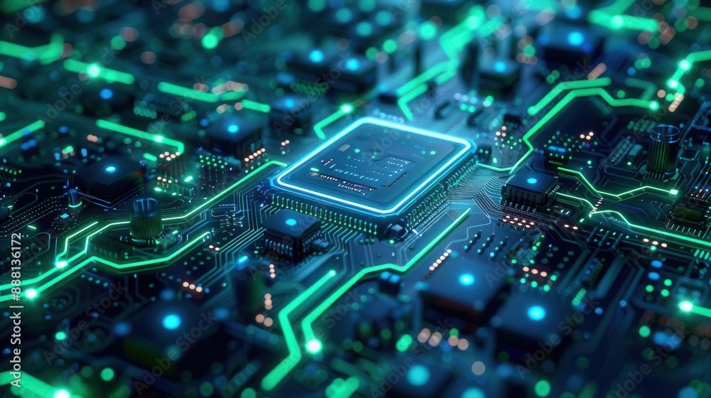 Futuristic digital circuit, abstract design, glowing blue and green, closeup, neon hues, complex patterns, hightech cyberspace feel Futuristic digital circuit, abstract design, glowing blue and green, closeup, neon hues, complex patterns, hightech cyberspace feel
