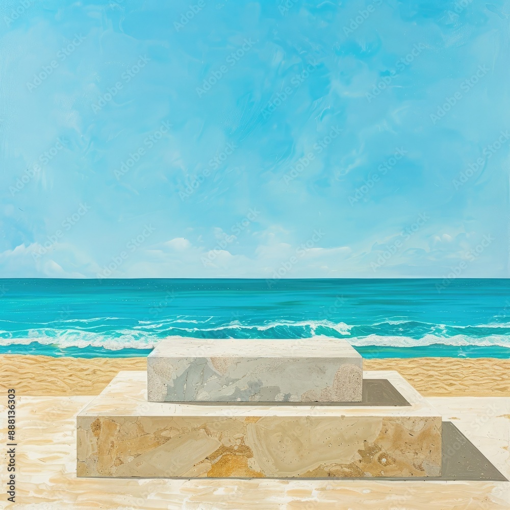 Fototapeta premium The serene summer beach with golden sand and a turquoise sea features an abstract stone podium in the foreground