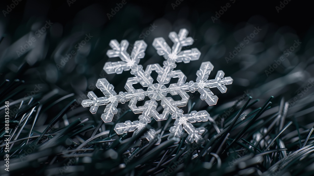 Extreme macro shot of a snowflake on dark background, intricate crystalline structure visible, shallow depth of field highlighting central pattern