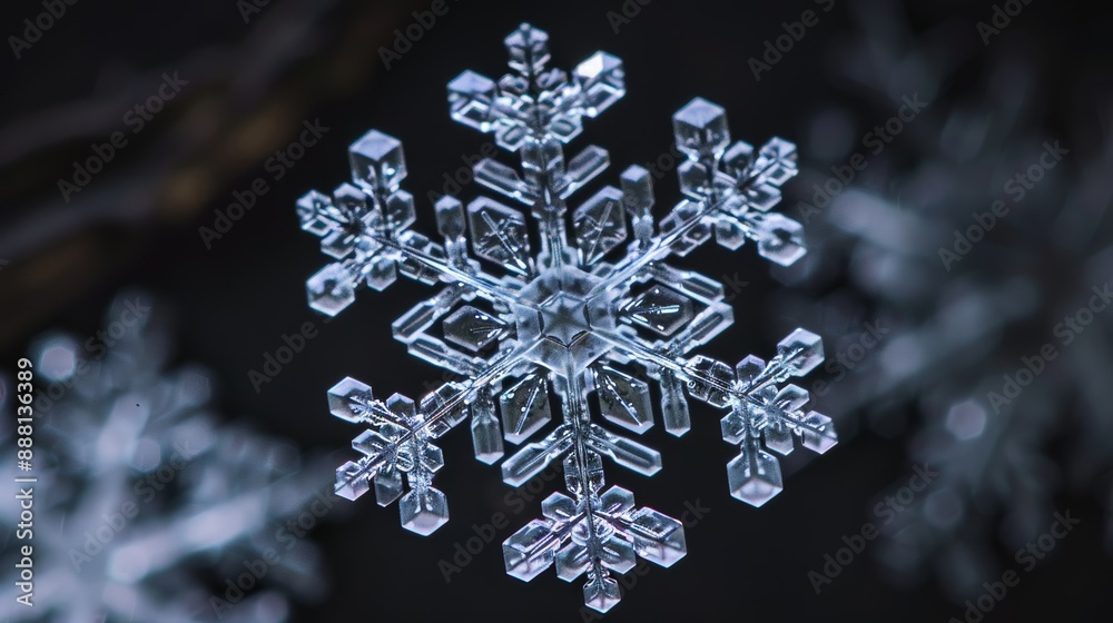 Extreme macro shot of a snowflake on dark background, intricate crystalline structure visible, shallow depth of field highlighting central pattern Extreme macro shot of a snowflake on dark background, intricate crystalline structure visible, shallow depth of field highlighting central pattern