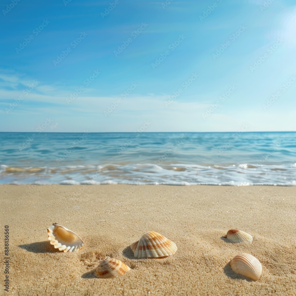 A peaceful empty beach with shells and smooth sand creates a relaxing scene. The summer sea is in the background, and there's ample copy space. 