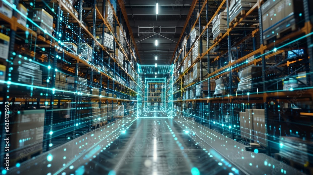 Fototapeta premium Warehouse Automation with Digital Overlay