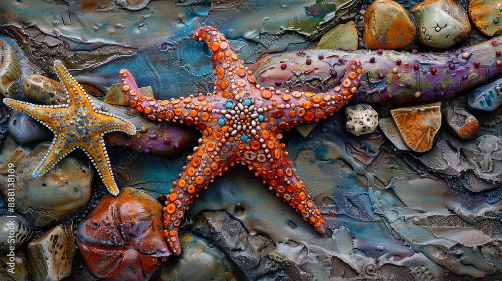 Document the intricate details of a starfish on a rocky shore