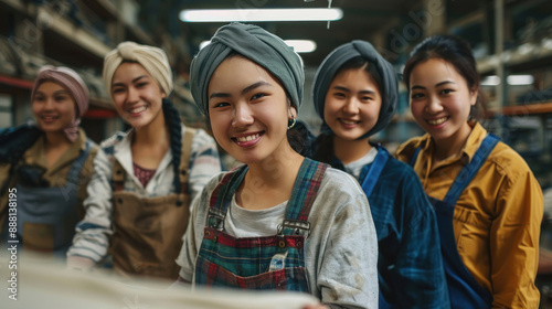 happy indian textile worker group standing together © Neha