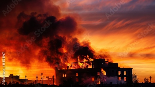 Building on fire with thick smoke billowing into the sky, firefighters battling the blaze The intensity and danger of the situation are evident in the image