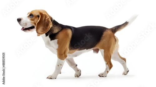 Beagle Dog Standing in Profile on Blank White Background