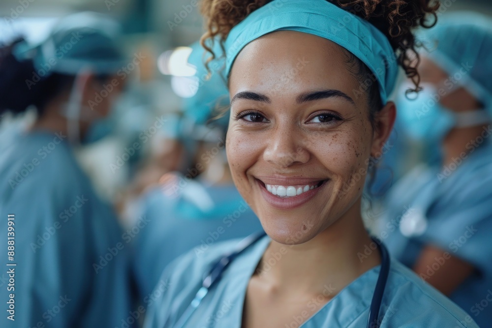 A healthcare worker in scrubs, smiling with pride and compassion. The hospital background with medical equipment and colleagues adds context to their dedication and hard work. Their warm expression A healthcare worker in scrubs, smiling with pride and compassion. The hospital background with medical equipment and colleagues adds context to their dedication and hard work. Their warm expression