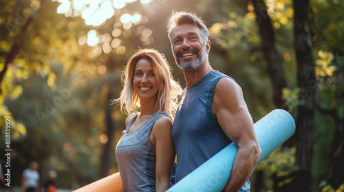 Fototapeta Naklejka Na Ścianę i Meble -  Beautiful sporty healthy active smiling middle-aged couple going to workout outdoors in park holding mats for yoga, pilates, gym. Sports healthy lifestyle. Friends on a morning walk