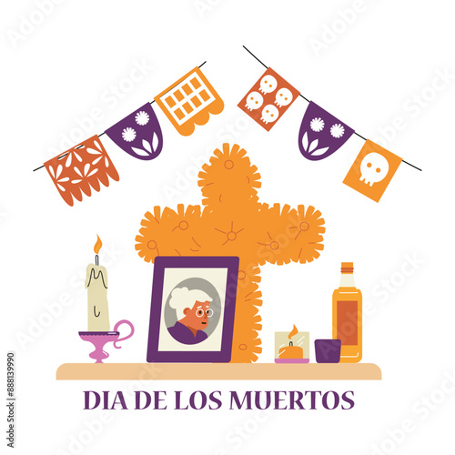 Vector image with an altar and a portrait of an old woman