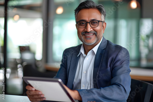 happy smiling middle age Indian business man professional ceo investor using tablet computer, looking at camera at desk in the office