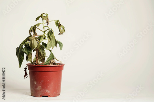 Withered houseplant in a red pot on a white background. Design concept of poor health care, skin and aging with space for text photo