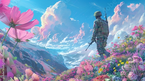 2. A soldier in a playful, candy-colored military outfit marching proudly through a fantastical landscape filled with oversized flowers and cute animals