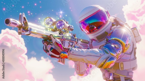 3. A determined soldier in a bright, toy-like uniform holding a glittery weapon, with a dreamy, pastel-hued sky behind