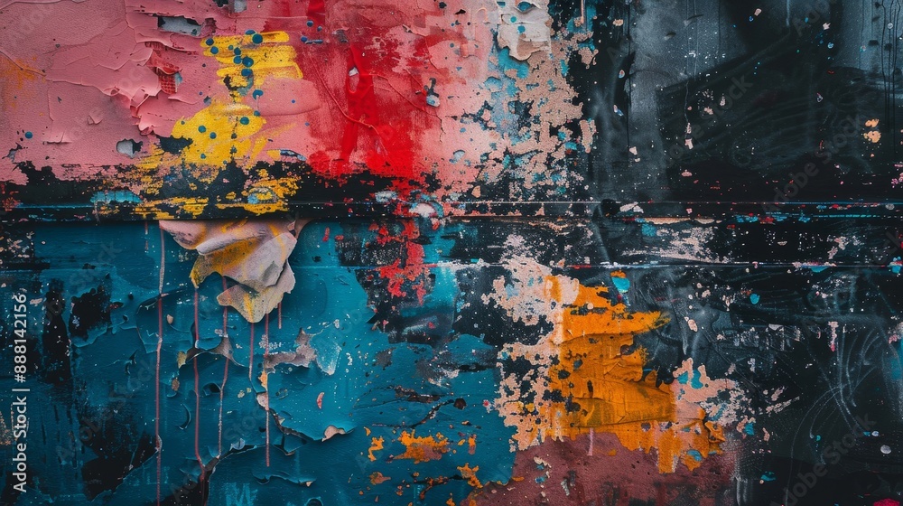Fototapeta premium Urban-inspired background with faded graffiti and vibrant colors over peeling paint textures