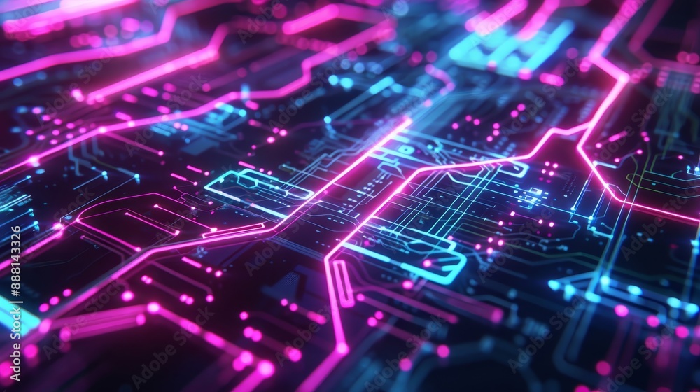 Neon blue and pink circuits on dark backdrop creating a futuristic atmosphere Neon blue and pink circuits on dark backdrop creating a futuristic atmosphere