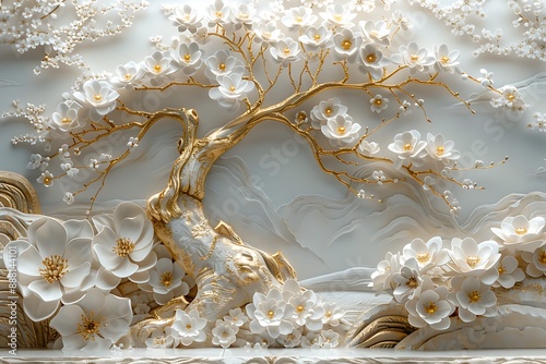 Detailed 3D wallpaper with a tree, white flowers, gold branches, light background, in relief sculpture style.
