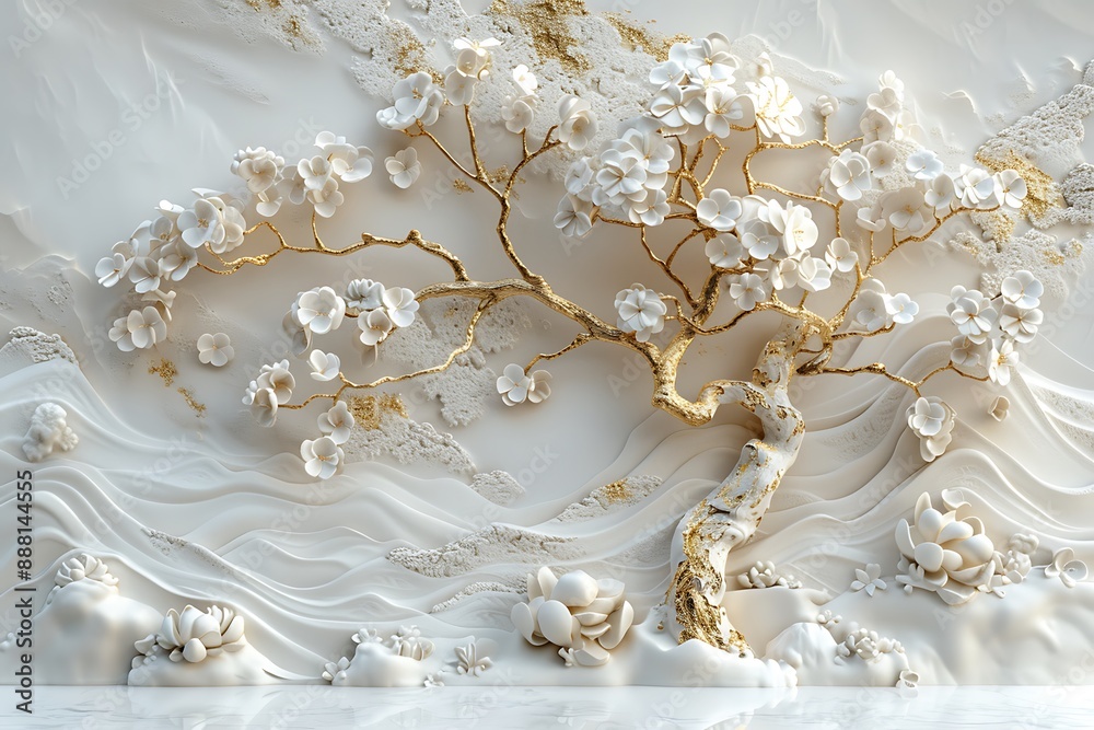 Detailed 3D wallpaper with a tree, white flowers, gold branches, light background, in relief sculpture style. Detailed 3D wallpaper with a tree, white flowers, gold branches, light background, in relief sculpture style.