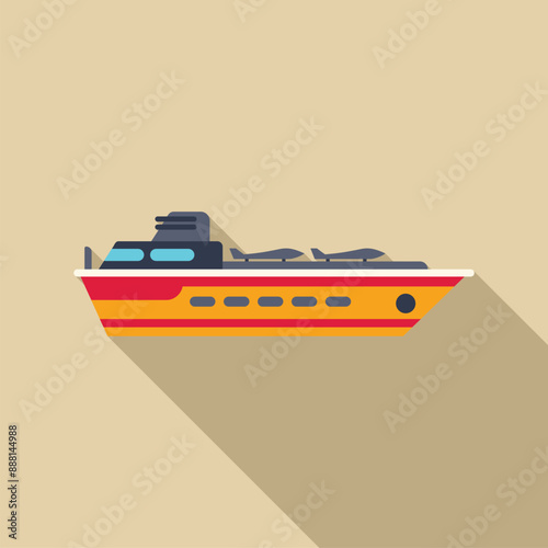 Military warship carrying fighter jets on board, side view, flat design icon with long shadow