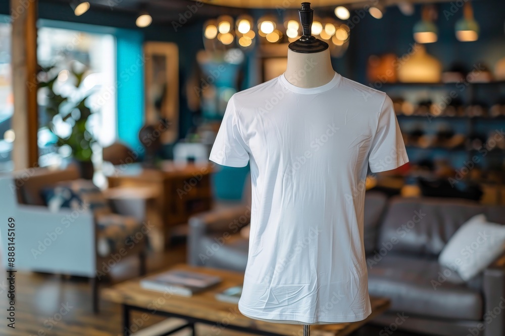 Blank white T-shirt on a mannequin in a modern  stylish boutique