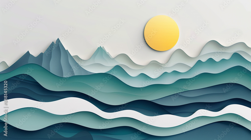Panorama of the vast mountain range. Paper cut style. Layers of paper with different color tones to show the depth and distance of the mountain. Panorama of the vast mountain range. Paper cut style. Layers of paper with different color tones to show the depth and distance of the mountain.