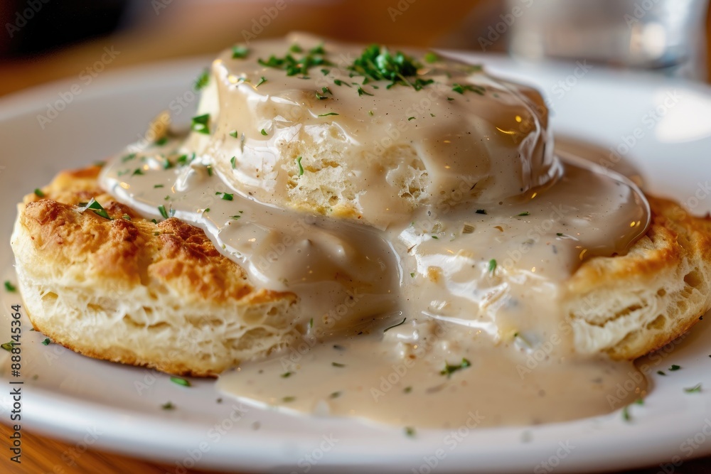 Classic chicken and biscuits dish, Buttermilk biscuit, A fluffy, buttery biscuit with gravy, AI generated Classic chicken and biscuits dish, Buttermilk biscuit, A fluffy, buttery biscuit with gravy, AI generated