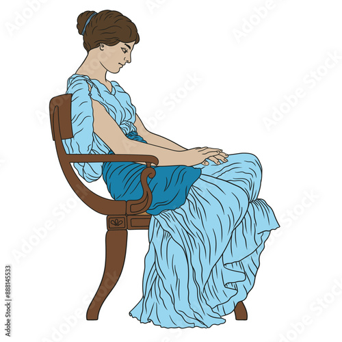 An ancient Greek young woman in a tunic sitting on a chair, folding her hands together and looking down. Figure isolated on white background