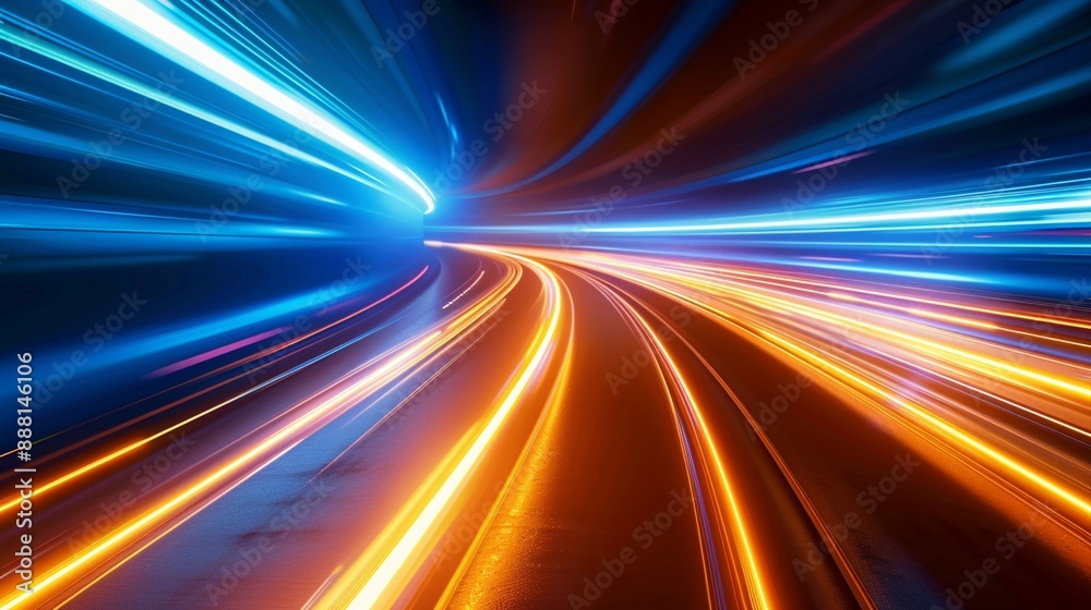 Dynamic light trails create a futuristic tunnel effect, evoking high-speed motion through time and space in vibrant blue and orange hues. Dynamic light trails create a futuristic tunnel effect, evoking high-speed motion through time and space in vibrant blue and orange hues.