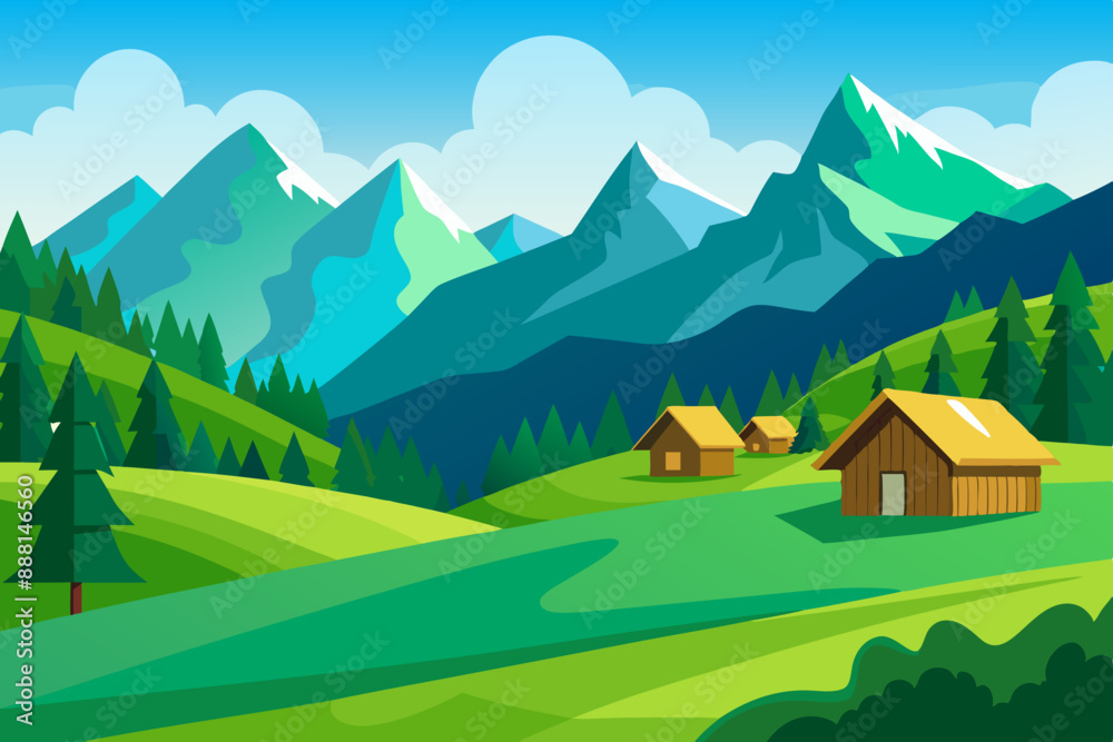 Mountain green field landscape with wooden houses vector illustration Mountain green field landscape with wooden houses vector illustration