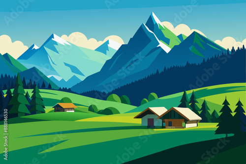 Mountain green field landscape with wooden houses vector illustration