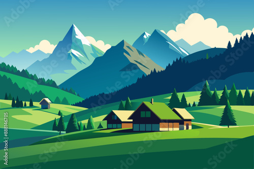 Mountain green field landscape with wooden houses vector illustration