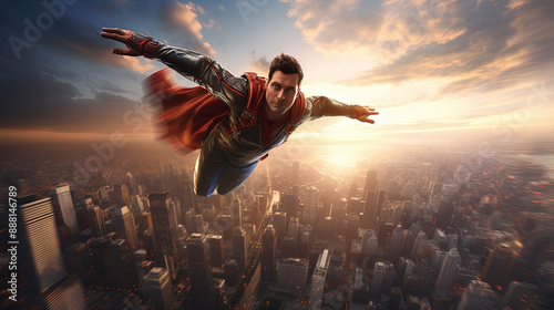 Superhero flying in the sky with costume and cape. Action movie blockbuster shot.