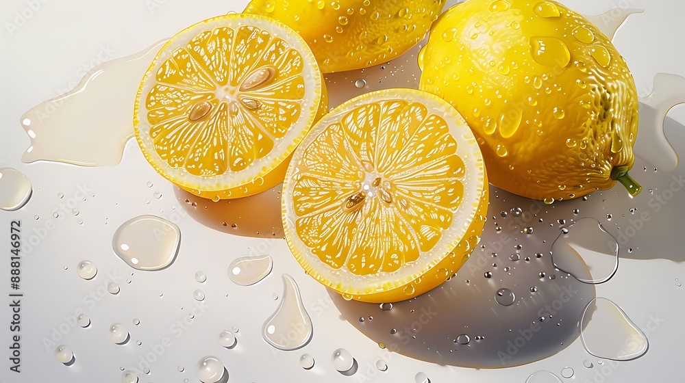 Watercolor Painting of Whole and Sliced Lemons with Droplets Watercolor Painting of Whole and Sliced Lemons with Droplets