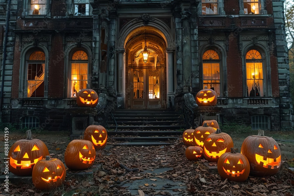 Obraz premium Abandoned mansion with jack-o'-lanterns illuminating the entrance, phantoms visible through broken windows, night scene