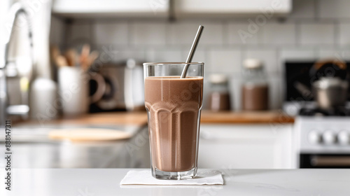 a protein shake, made with chocolate protein powder and almond milk, served in a sleek glass with a stainless steel straw, on a clean white kitchen counter