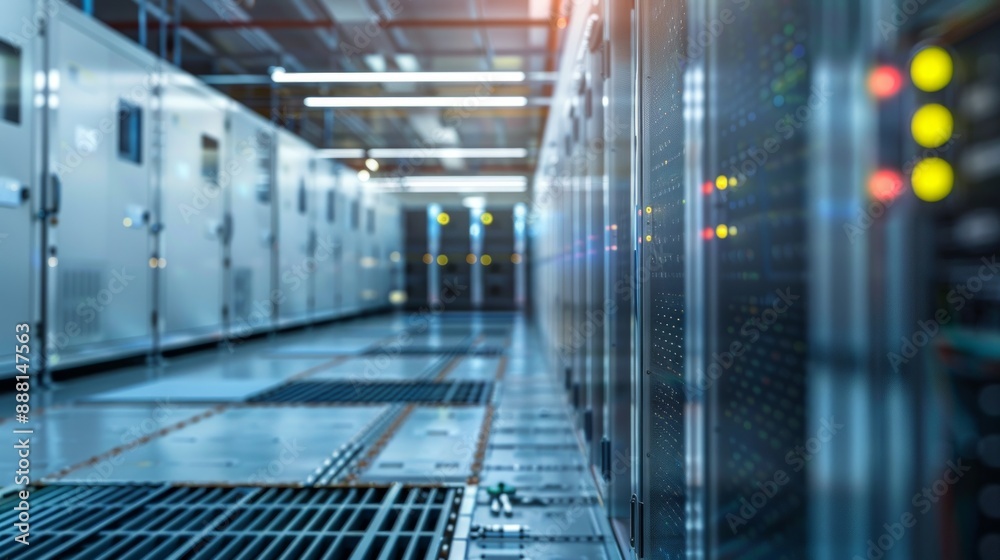 Fototapeta premium Server Room Interior with Rows of Servers
