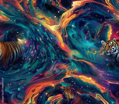 Majestic RainbowStriped Tiger Emerging from Cosmic Vortex Pattern photo