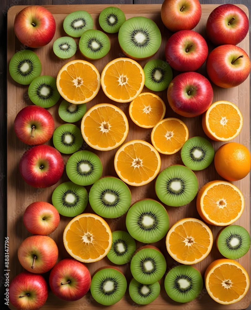 A high-resolution image of freshly sliced apples, oranges, and kiwis on a wooden cutting board, shot from a top-down perspective