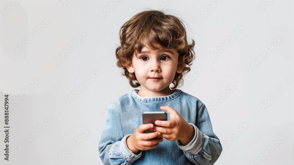 Curious toddler in blue sweater explores modern technology, holding smartphone with wide-eyed wonder against plain backdrop, embodying digital native generation. Curious toddler in blue sweater explores modern technology, holding smartphone with wide-eyed wonder against plain backdrop, embodying digital native generation.