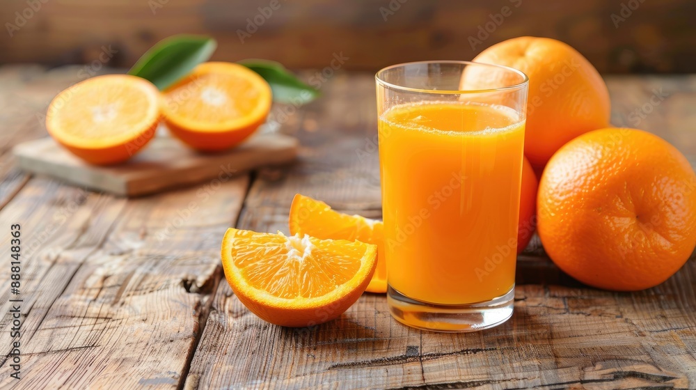 Freshly squeezed orange juice in a glass with whole oranges on a wooden table, emphasizing vitamin C intake Freshly squeezed orange juice in a glass with whole oranges on a wooden table, emphasizing vitamin C intake