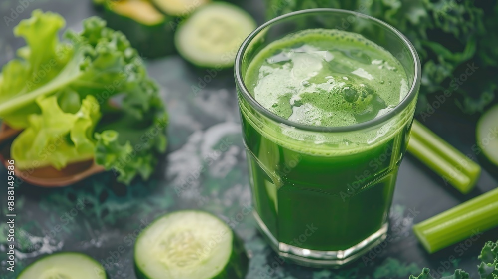 A fresh green juice in a glass with ingredients like kale, cucumber, and celery on the side, promoting a detox drink A fresh green juice in a glass with ingredients like kale, cucumber, and celery on the side, promoting a detox drink