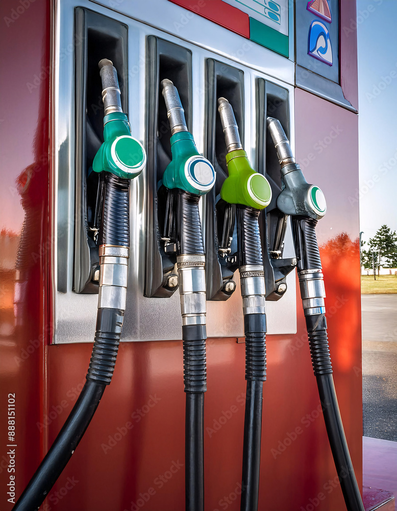 A row of red gas pumps with green handles at a gas station A row of red gas pumps with green handles at a gas station